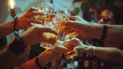 A group of friends clink glasses in a lively celebration, capturing the essence of camaraderie, joy, and shared moments.