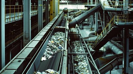 Conveyor belts filled with discarded materials weave through an expansive factory, highlighting the scale and complexity of industrial waste processing.