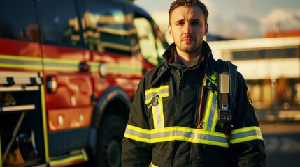Obraz premium A firefighter in full uniform looks resolute beside a firetruck, ready to confront any emergency that arises.
