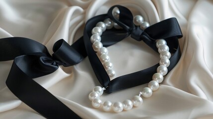 Sophisticated Elegance: A Black Ribbon Heart Adorned with a Timeless Pearl Necklace