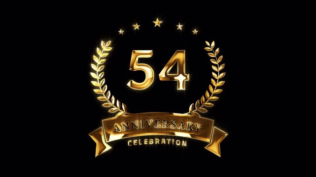 54th Anniversary Celebration. Happy 54 Years Anniversary Animation in Gold Color on the Transparent Background, Alpha Channel. Great for greetings, celebrations, events, and gifts.