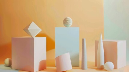 A delicate arrangement of geometric shapes and spheres in subtle pastel colors, expressing elegance and simplicity in an abstract composition.