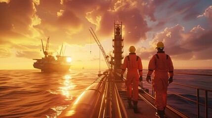 Two engineers in bright orange suits walk along an oil rig platform at sunset, with the sky painted in warm hues and offshore structures in the background.