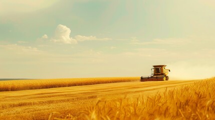 Fototapeta premium A lone harvester working the vast golden fields under a clear sky, symbolizing agricultural dedication and the bounty of the land.