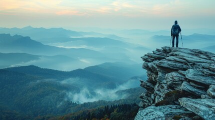 Obraz premium Hiker standing on a rocky ledge overlooking misty mountains at sunrise