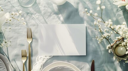 A blank place card sits on an elegant table set for a special event, surrounded by delicate flowers and sophisticated tableware.