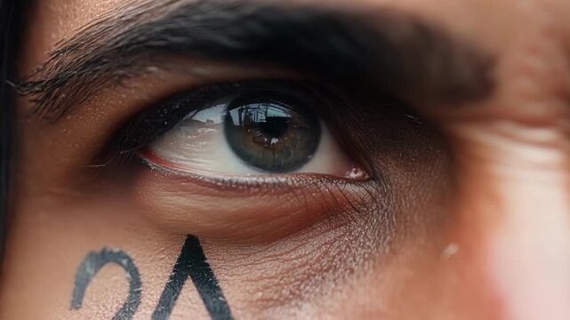 A closeup of a protesters eye painted with a peace sign and a tear rolling down their cheek.