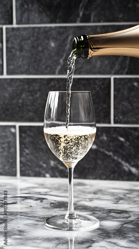 Sticker photo of a bottle being poured into an elegant champagne glass, with the sparkling bubbles visible a