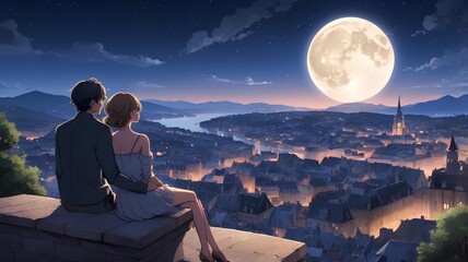 Romantic Anime Illustrations: Couples Enjoying Moonlit European Cityscapes and Cozy Moments
