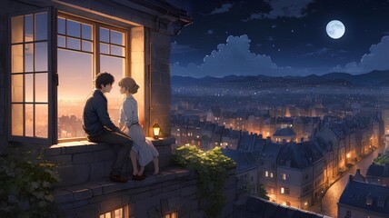Romantic Anime Illustrations: Couples Enjoying Moonlit European Cityscapes and Cozy Moments