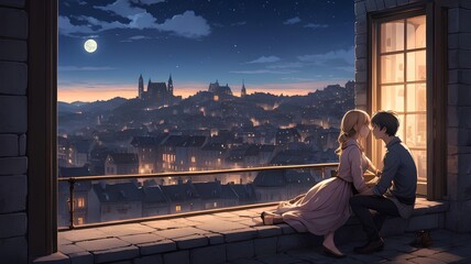 Romantic Anime Illustrations: Couples Enjoying Moonlit European Cityscapes and Cozy Moments