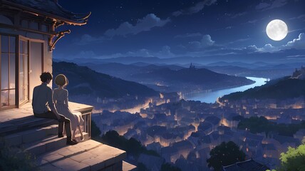 Romantic Anime Illustrations: Couples Enjoying Moonlit European Cityscapes and Cozy Moments