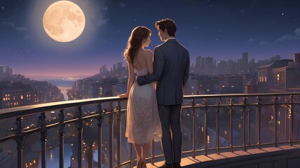 Romantic Anime Illustrations: Couples Enjoying Moonlit European Cityscapes and Cozy Moments