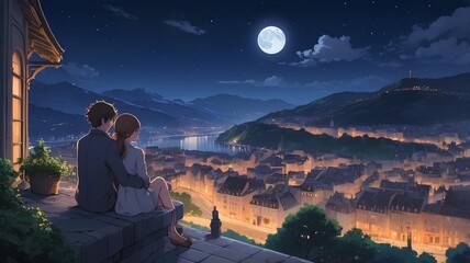 Romantic Anime Illustrations: Couples Enjoying Moonlit European Cityscapes and Cozy Moments