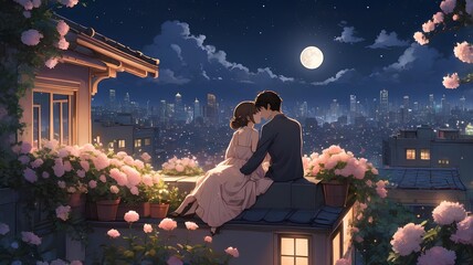Romantic Anime Illustrations: Couples Enjoying Moonlit European Cityscapes and Cozy Moments