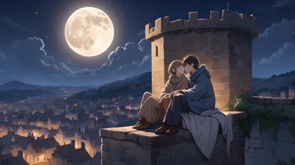 Romantic Anime Illustrations: Couples Enjoying Moonlit European Cityscapes and Cozy Moments