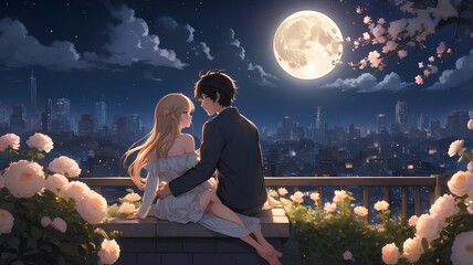 Romantic Anime Illustrations: Couples Enjoying Moonlit European Cityscapes and Cozy Moments