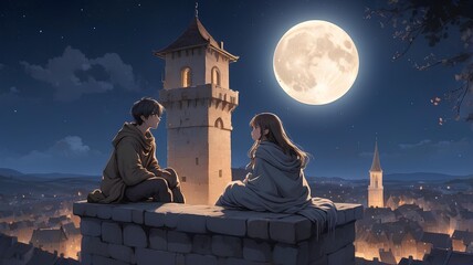Romantic Anime Illustrations: Couples Enjoying Moonlit European Cityscapes and Cozy Moments
