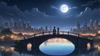 Romantic Anime Illustrations: Couples Enjoying Moonlit European Cityscapes and Cozy Moments