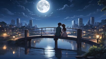 Romantic Anime Illustrations: Couples Enjoying Moonlit European Cityscapes and Cozy Moments