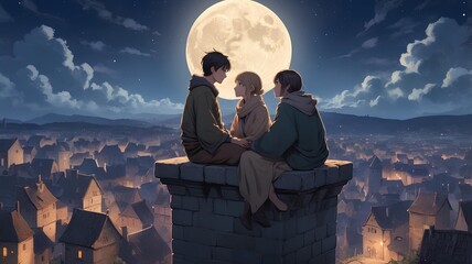Romantic Anime Illustrations: Couples Enjoying Moonlit European Cityscapes and Cozy Moments