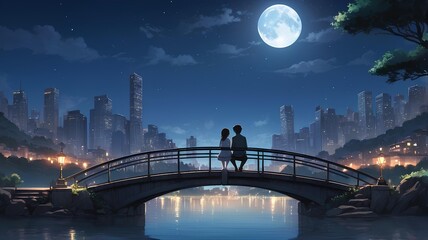 Romantic Anime Illustrations: Couples Enjoying Moonlit European Cityscapes and Cozy Moments