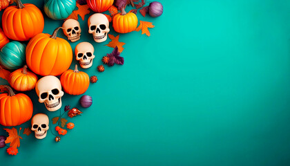 Halloween illustration with skulls and pumpkins in a childlike style for parties