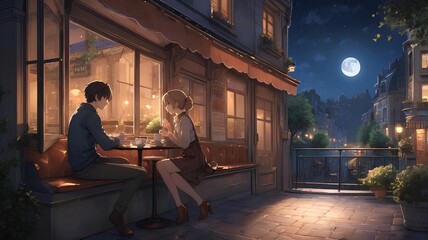 Romantic Anime Illustrations: Couples Enjoying Moonlit European Cityscapes and Cozy Moments