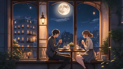 Romantic Anime Illustrations: Couples Enjoying Moonlit European Cityscapes and Cozy Moments