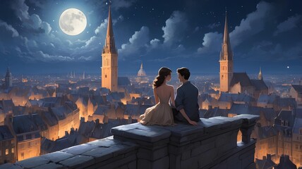 Romantic Anime Illustrations: Couples Enjoying Moonlit European Cityscapes and Cozy Moments