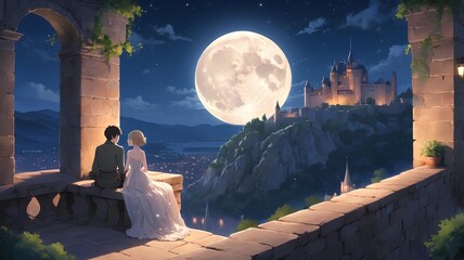 Romantic Anime Illustrations: Couples Enjoying Moonlit European Cityscapes and Cozy Moments