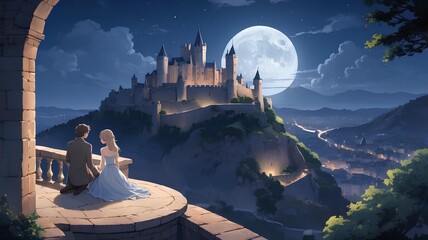 Romantic Anime Illustrations: Couples Enjoying Moonlit European Cityscapes and Cozy Moments