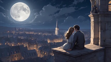 Romantic Anime Illustrations: Couples Enjoying Moonlit European Cityscapes and Cozy Moments