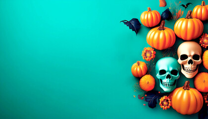 Halloween illustration with skulls and pumpkins in a childlike style for parties