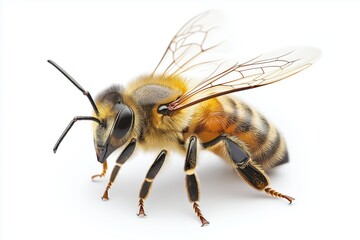 Close-up of a honeybee with detailed wings and golden fur against a light background