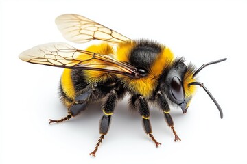 Close-up of a honeybee with detailed wings and golden fur against a light background