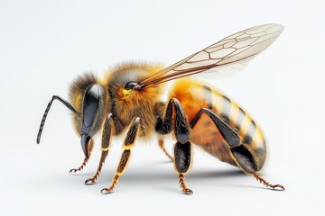 Close-up of a honeybee with detailed wings and golden fur against a light background