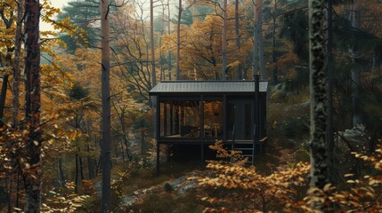 A modern cabin nestled in a dense forest with autumn foliage, the vibrant colors of the leaves creating a cozy, serene, and inviting atmosphere.