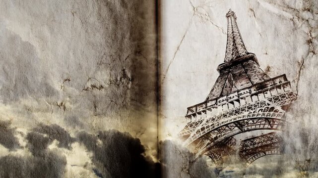 Eiffel Tower in Paris smoothly appears on old, grunge paper with time lapse of sky with clouds. Creative, combined 3D 4K parallax video of high quality. Template for a postcard or historical video.