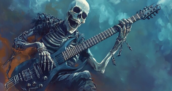 Skeletal Rhythms: The Unyielding Spirit of Metal Music Expressed Through a Skeleton Playing an Electric Guitar, Embracing Genres of Heavy Metal, Thrash, Death, Black, Power, Progressive, Glam, Nu, and