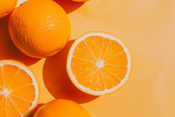 Fototapeta premium Close-up of fresh orange slices spread out on a white table, creating a bright and refreshing background. Beautiful simple AI generated image in 4K, unique.