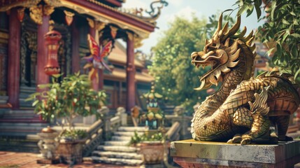 Fototapeta premium A golden dragon statue sits majestically in a lush temple garden, surrounded by traditional architecture and vibrant greenery.