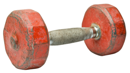 Rusty red dumbbell resting, ideal for strength training and fitness activities, cut out - stock png.