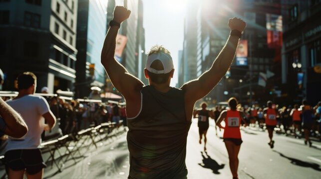 A triumphant runner raises their hands in victory amidst a bustling cityscape, basking in the morning sun as fellow competitors continue the race.