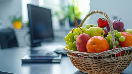 A wicker basket filled with colorful fruits sits on a modern office desk, blending nature with workspace aesthetics.