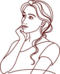 Pensive Woman Line Drawing with Hand on Chin