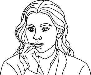Black and White Line Art Portrait of a Thoughtful Woman