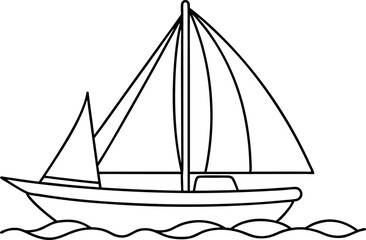 Black And White Line Drawing of a Sailboat on Waves