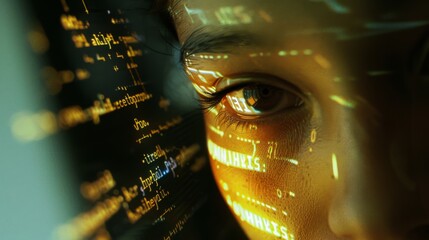 A close-up of a person's face with digital codes and symbols projected onto it, exploring themes of technology and identity.
