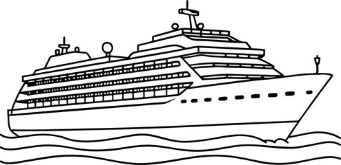 Black And White Drawing of a Cruise Ship at Sea